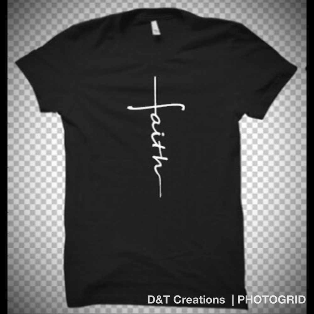 Black t-shirt with “faith” in white.